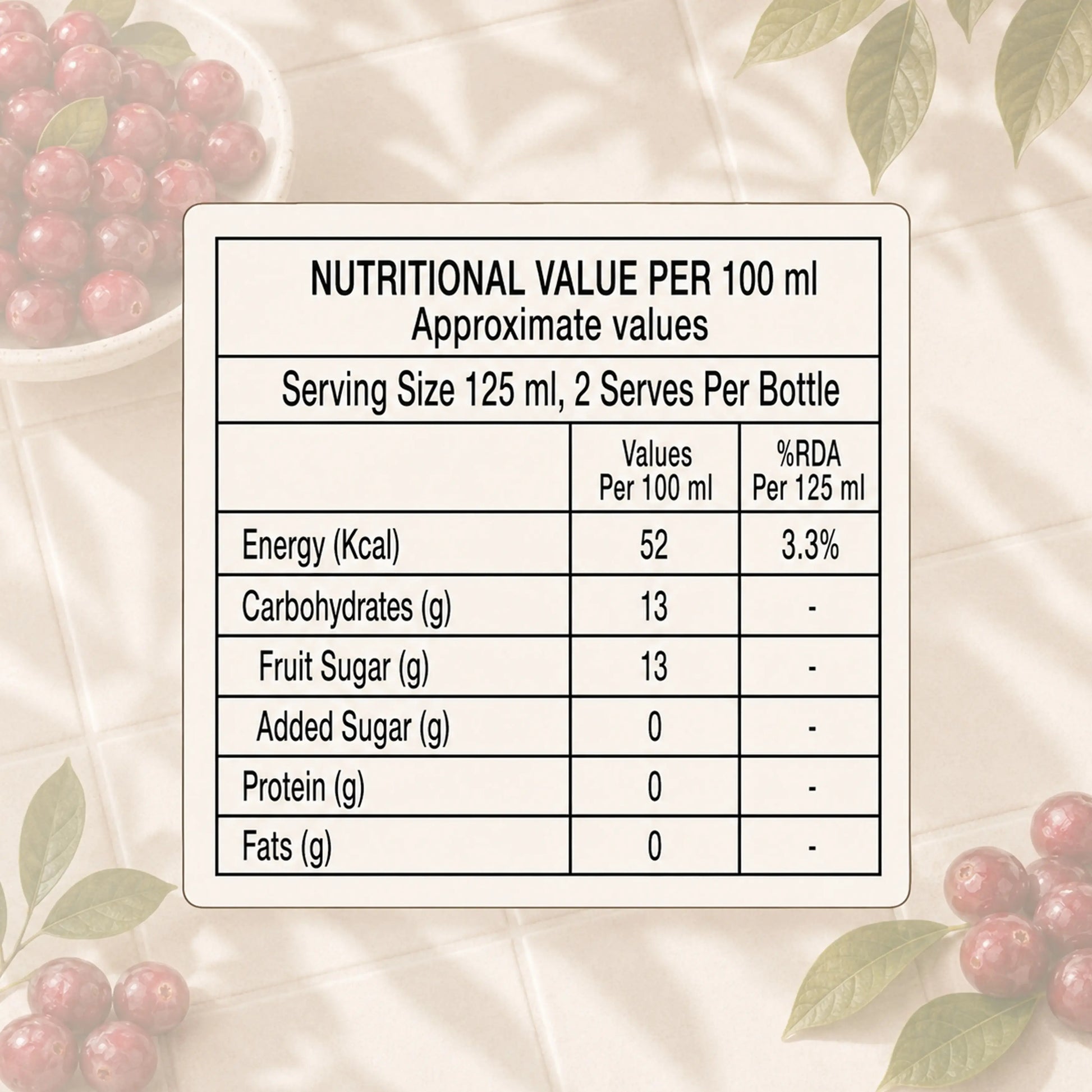 Frut Jus Cranberry juice poured into a glass - 100% real fruit, no added sugar