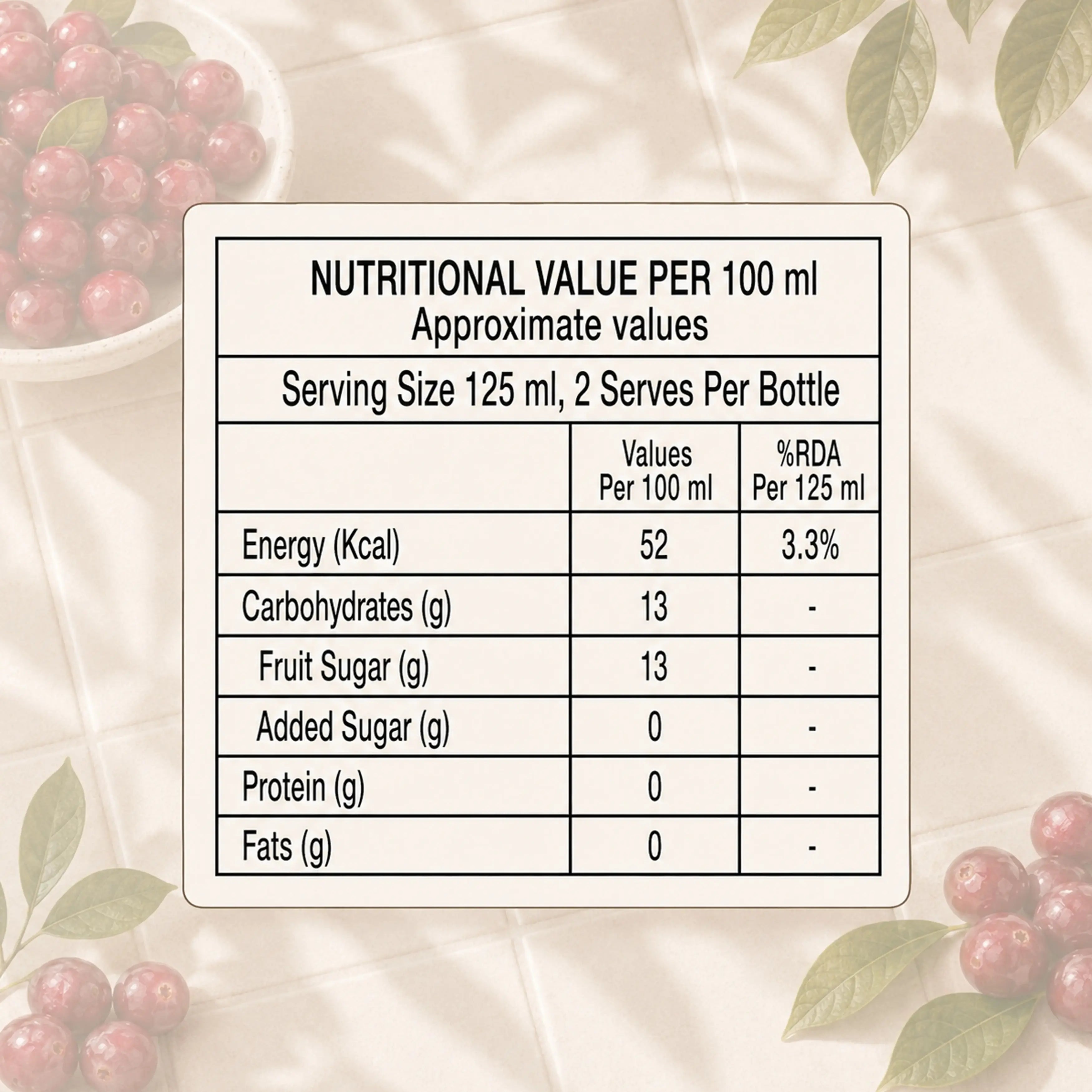 Frut Jus Cranberry juice poured into a glass - 100% real fruit, no added sugar