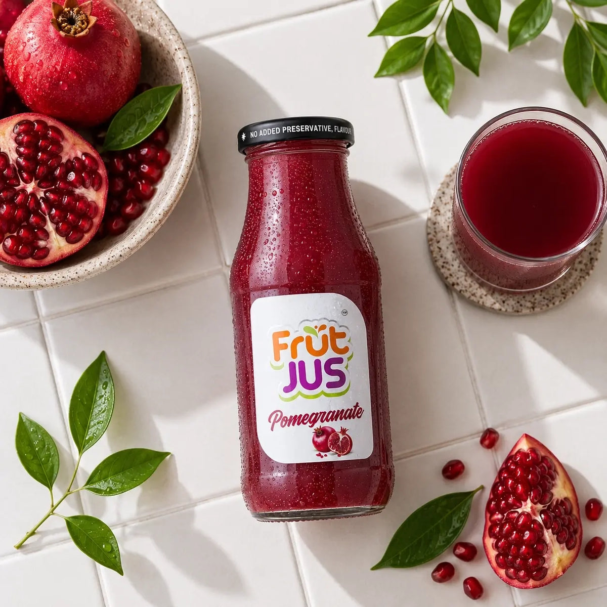 Frut Jus Pomegranate juice bottle, one of the flavours in the Tropical Delight Combo